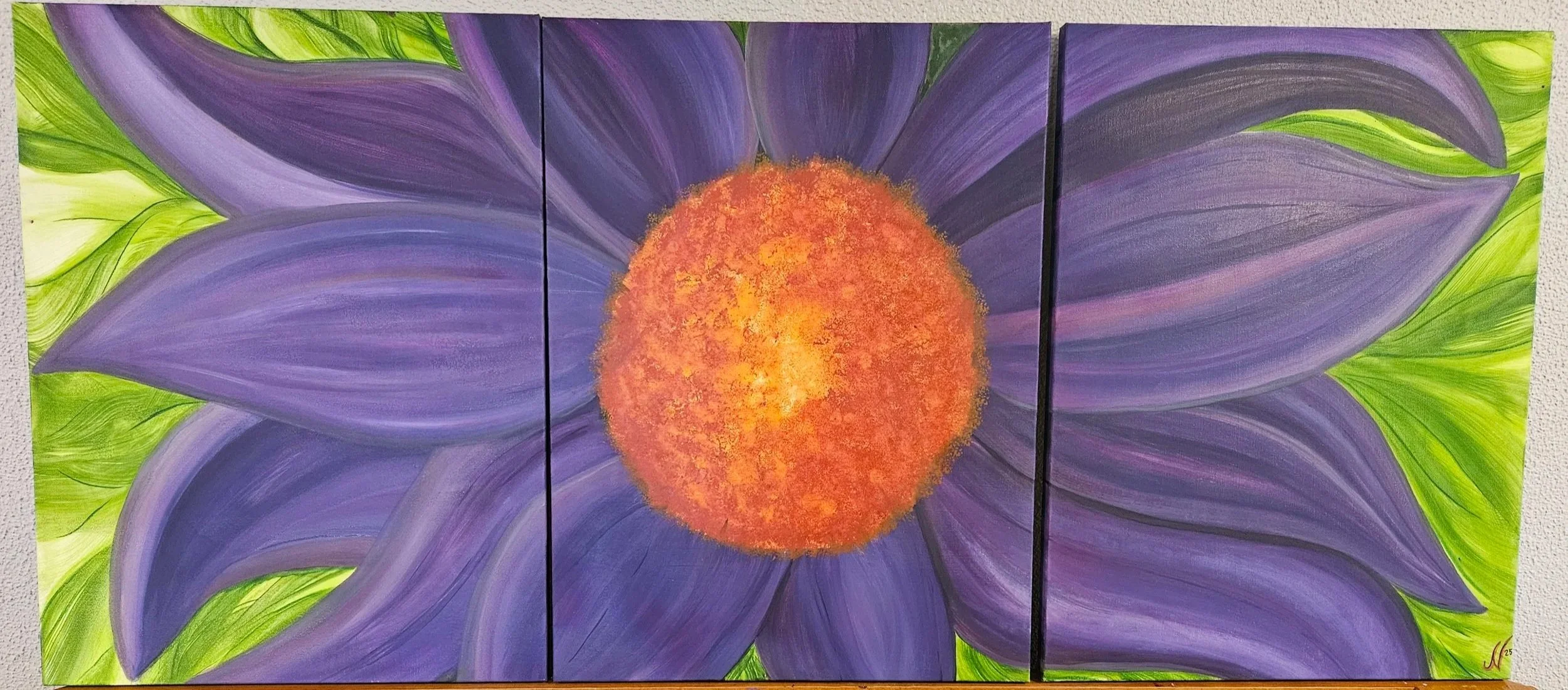 Triptych painting of a purple flower with a bright orange center and green leaves in the background.