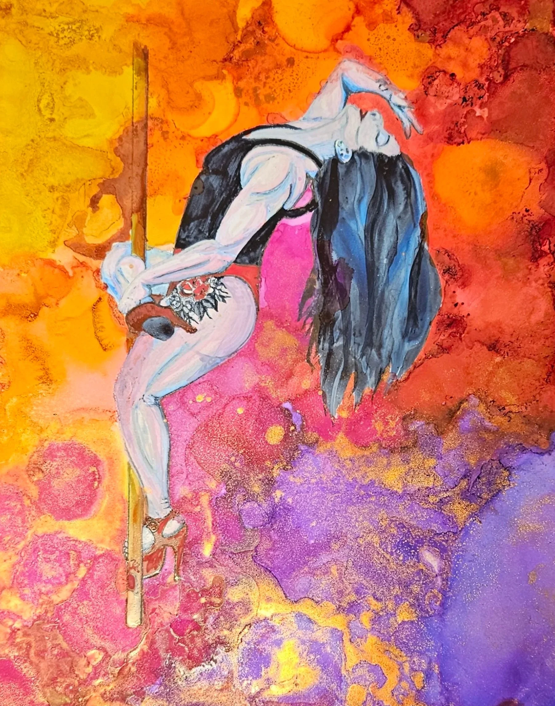 A colorful painting of a woman with long dark hair, standing in a dynamic pose with one knee bent and her head tilted back. She is holding a stick or pole in her right hand and is wearing high heels, and has a tattoo on her left thigh. The background features vibrant abstract patterns in orange, yellow, purple, and pink.