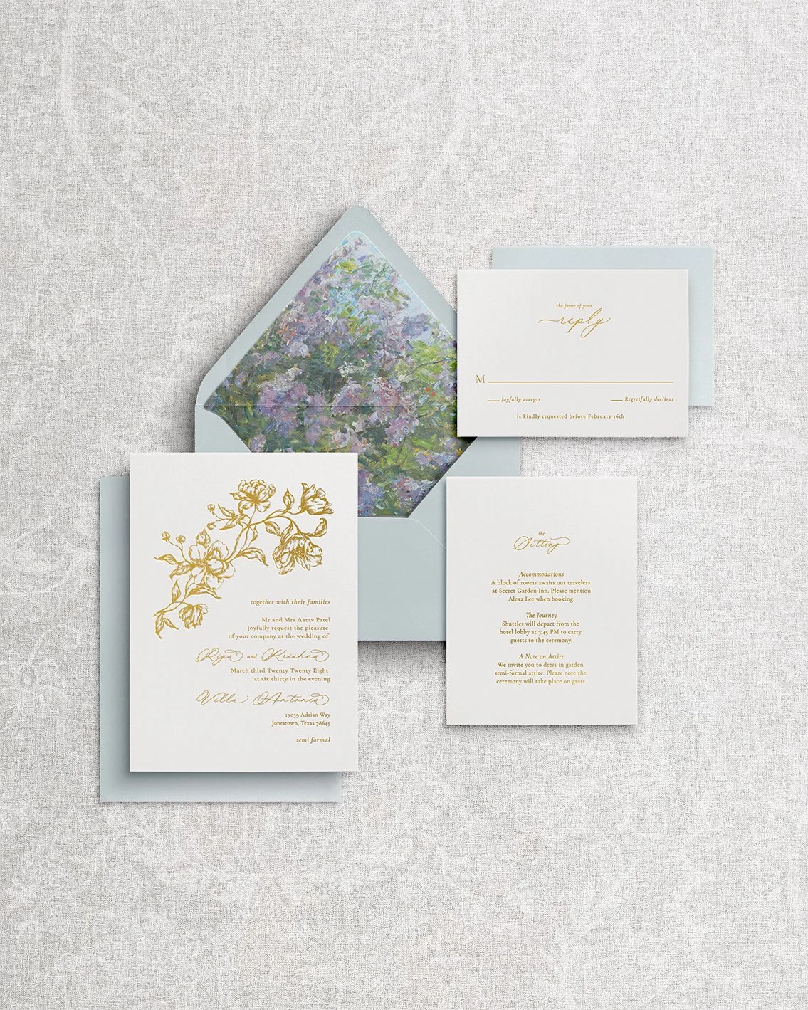 Elegant and simple wedding invitation suite with gold calligraphy and painterly floral envelope liner.