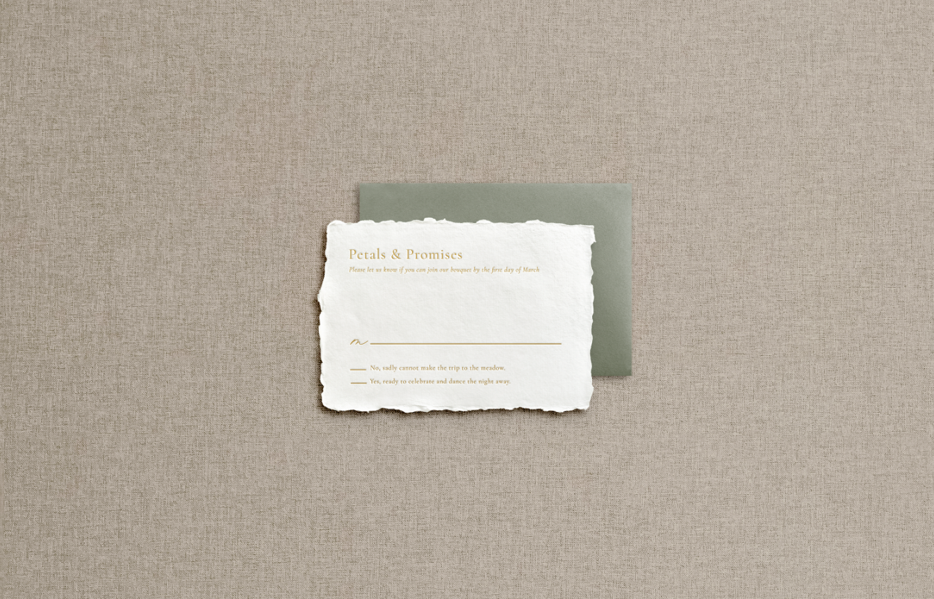 RSVP card on handmade paper with gold foil letterpress and olive green return envelope.