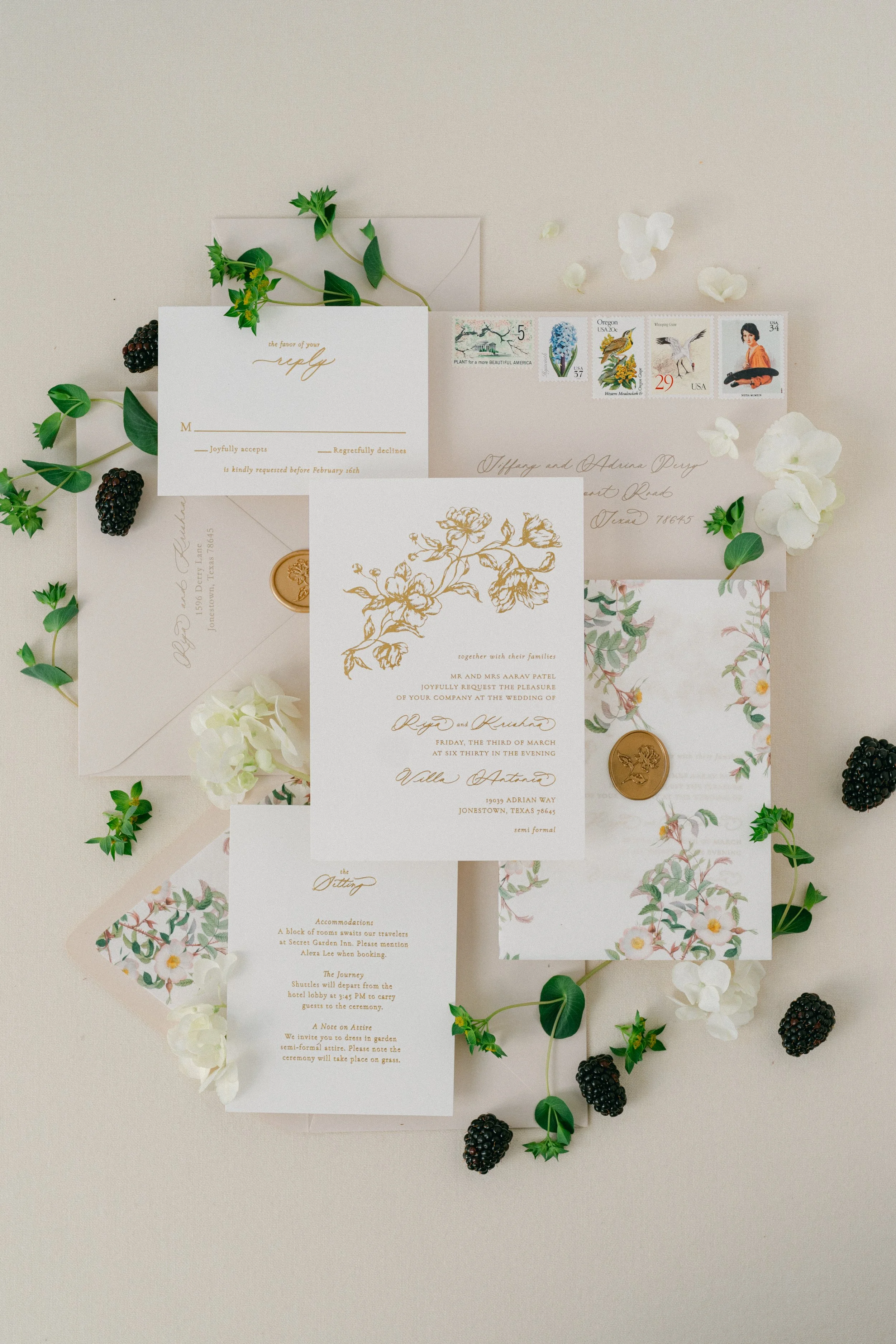 Overhead shot wedding invitation flatlay blush floral suite