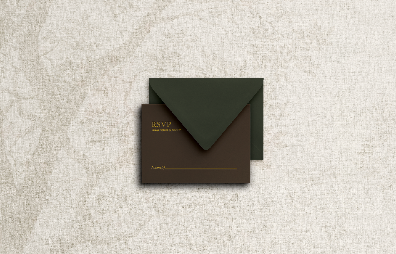 Elegant, simple wedding invitation RSVP card featuring gold foil text on dark brown paper with a dark green envelope.