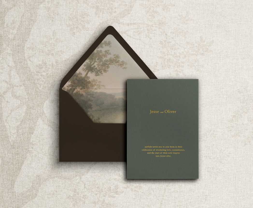 A7 euro flap deep rich chocolate brown envelope with vintage scenic liner and main invitation on olive green cardstock with gold letterpress minimalist typography.