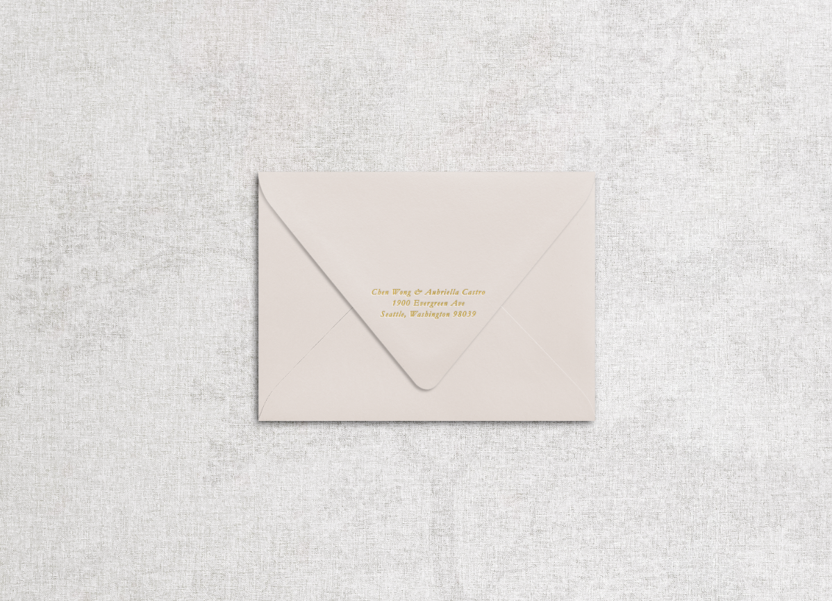 Foil printed return address on champagne beige envelope in the style of "la vie en rose" suite