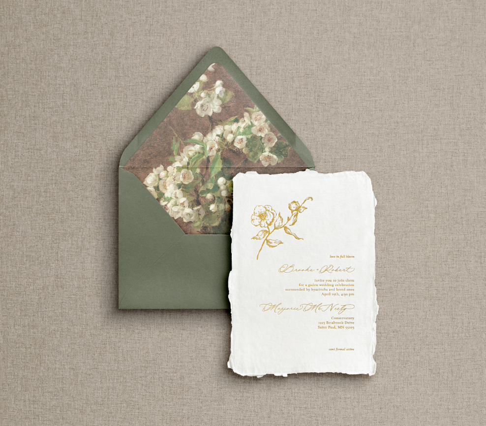 A7 euro flap olive green envelope with floral liner, main invitation on white handmade paper with gold letterpress featuring fine art sketch of rose in upper corner with mix of calligraphy text.