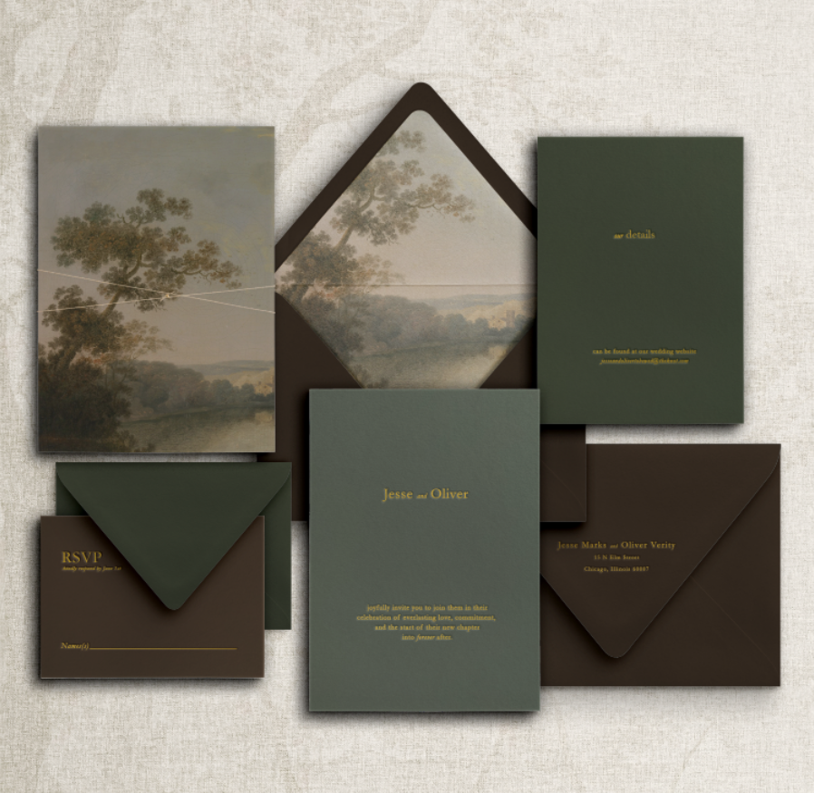 Premium Sienna and Sage wedding invitation suite featuring gold foil on sage green cardstock, a vellum wrap secured with white twine, and a landscape envelope liner.
