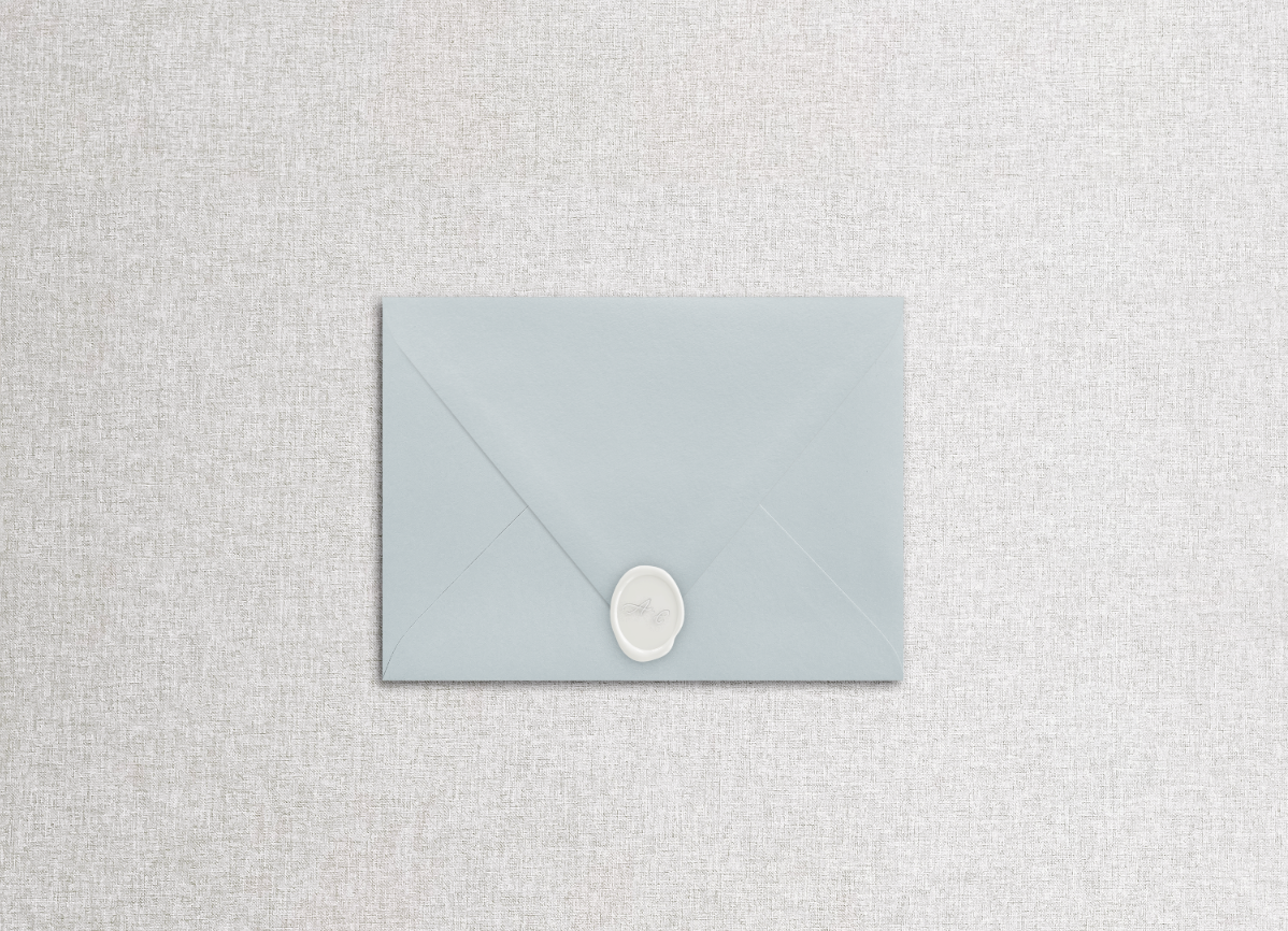 Wax seal on blue envelope in the style of "morning dew" suite