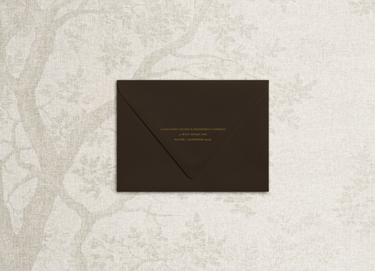 Foil printed return address on chocolate  brown envelope in the style of "the Huntley" suite