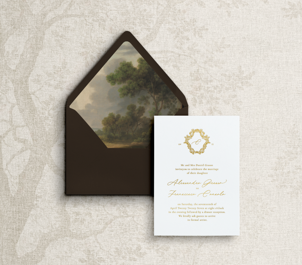 A7 euro flap dark chocolate brown envelope with scenic liner with main invitation on white cardstock with gold foil letterpress heirloom crest and mix typography with calligraphy.