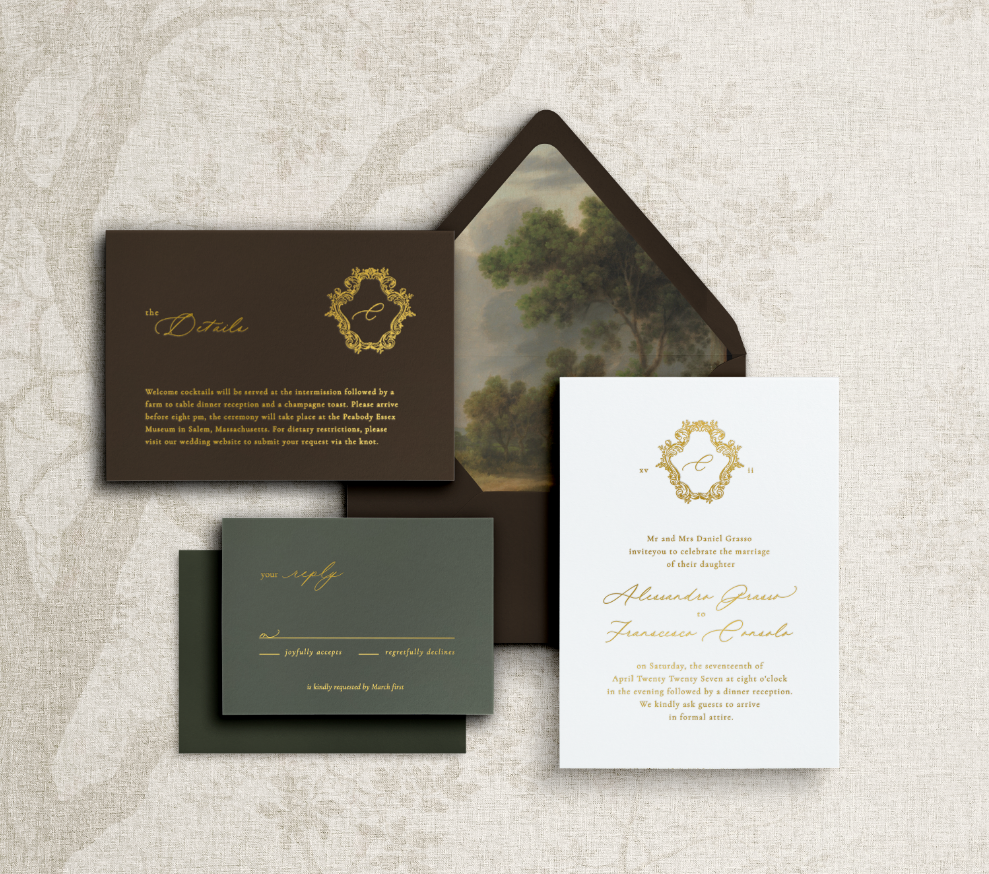 Signature wedding stationery with olive green, chocolate brown cardstock, gold foil typography and a countryside envelope liner.