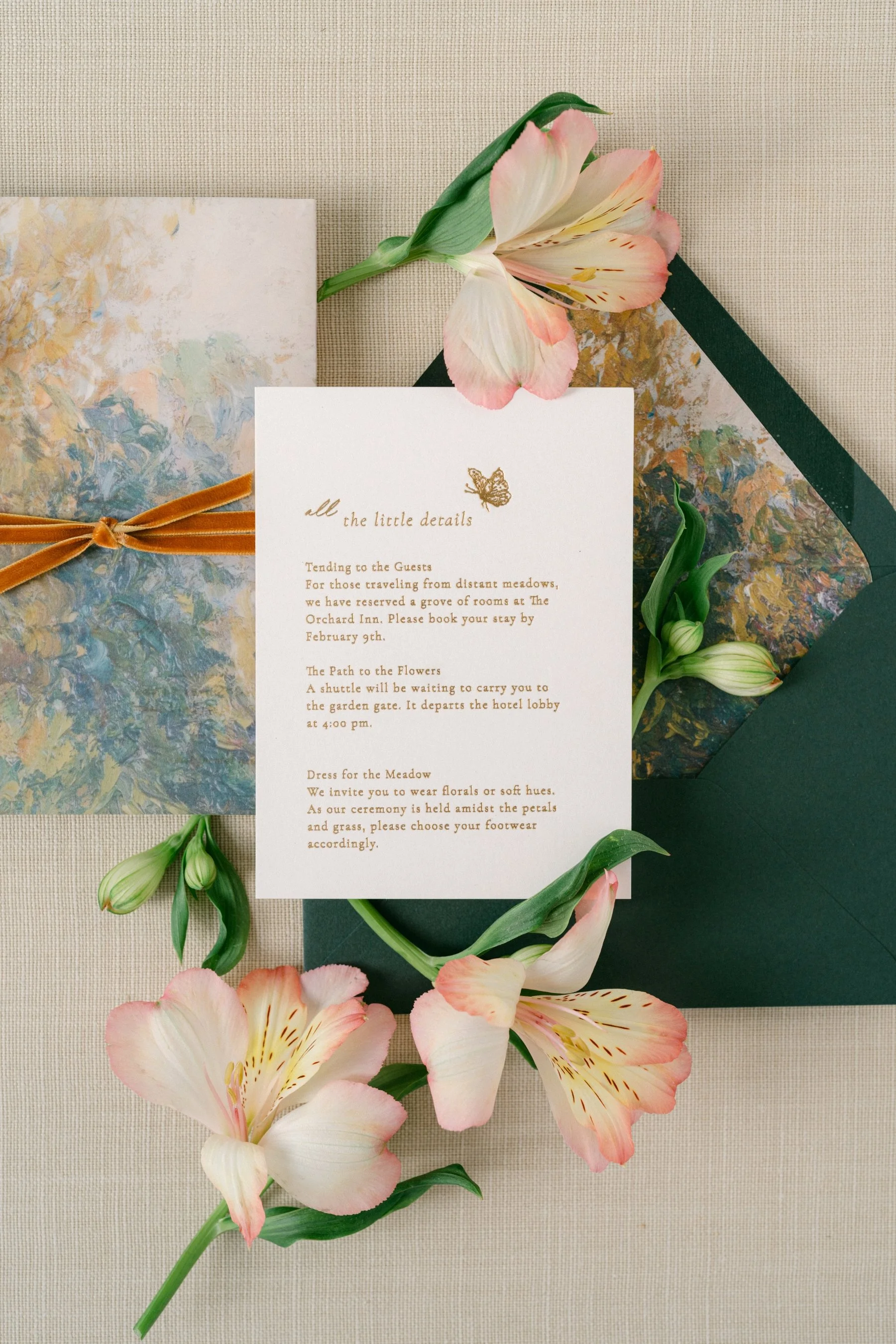 Close up fall garden flat lay wedding invitation details card