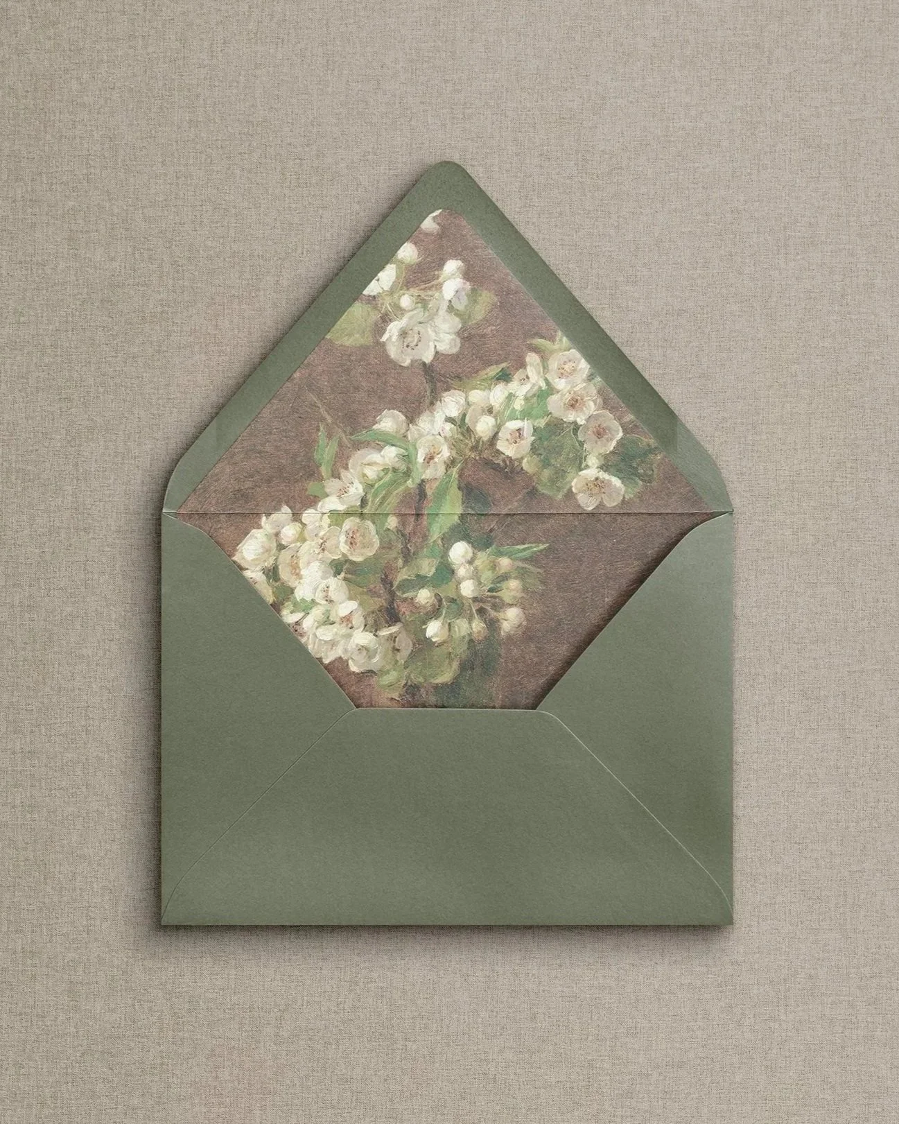 A7 euro flap olive green envelope with floral liner.