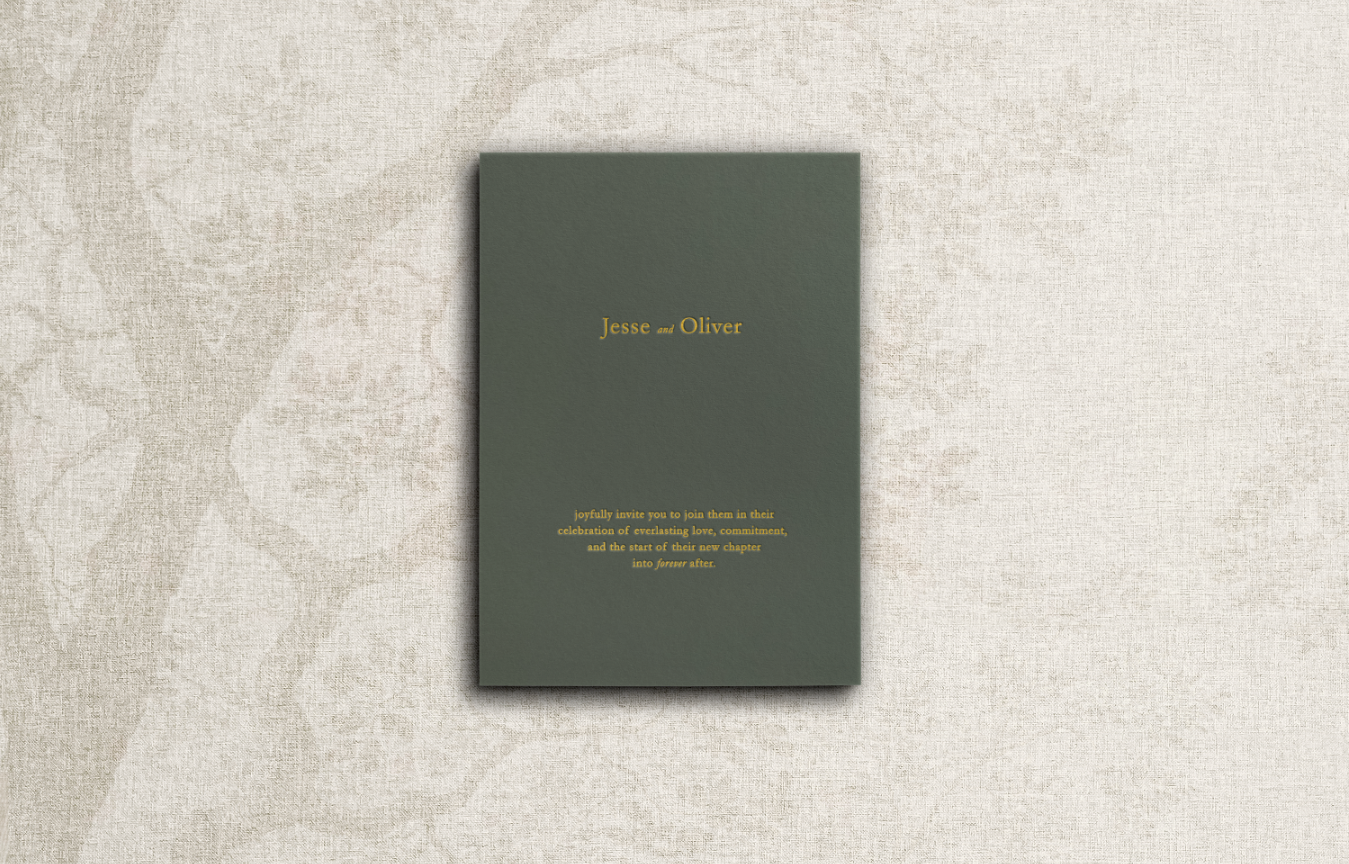 Main invitation on olive green cardstock with gold letterpress minimalist typography.