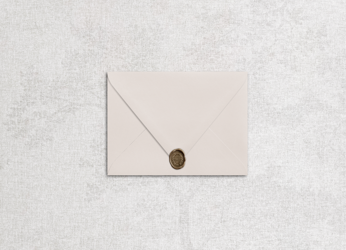 Wax seal on champagne beige envelope in the style of "la vie en rose" suite