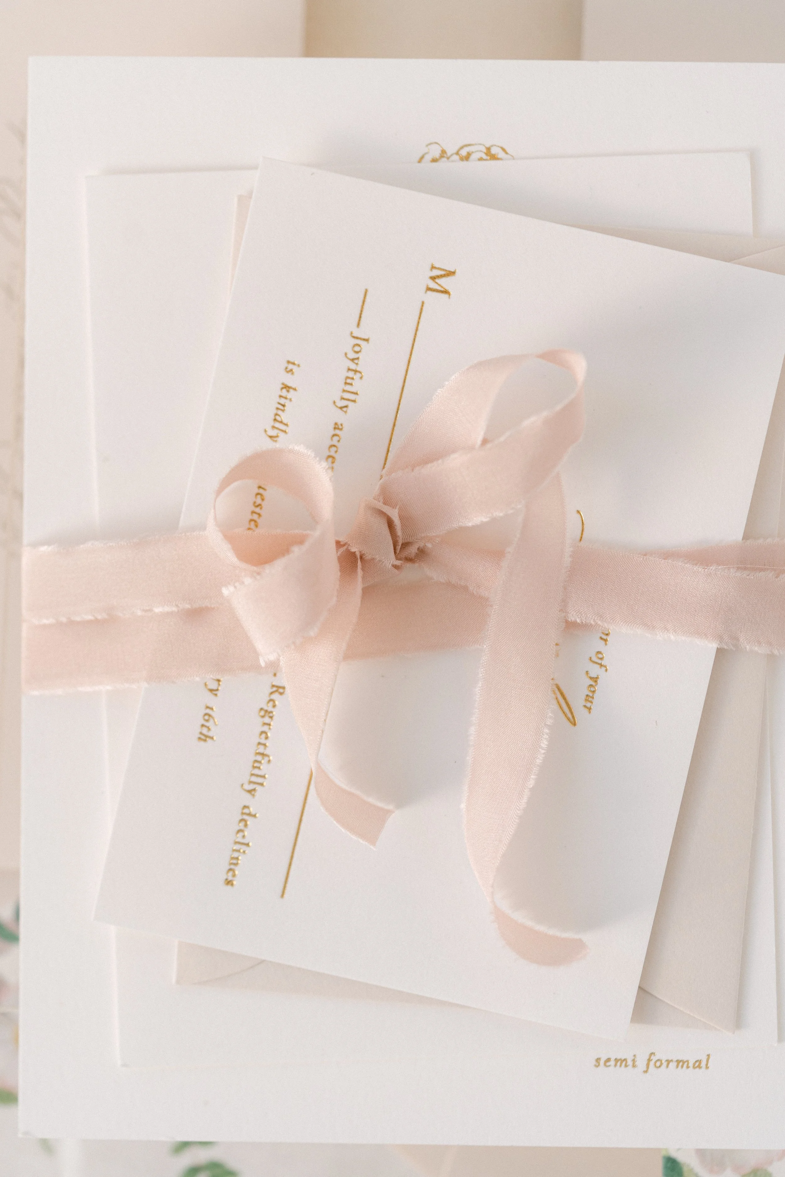 Foil wedding invitation with blush silk ribbon