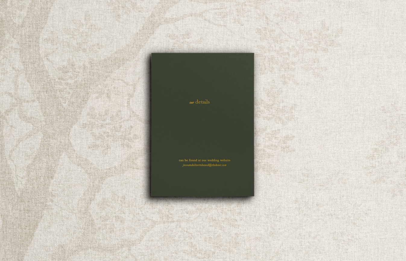 Elegant, simple wedding invitation details card featuring gold foil text on dark green paper.