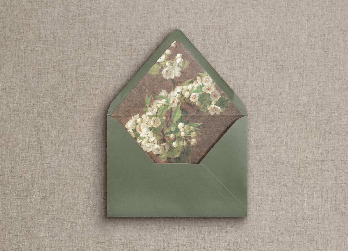 A7 euro flap olive green envelope with floral liner.