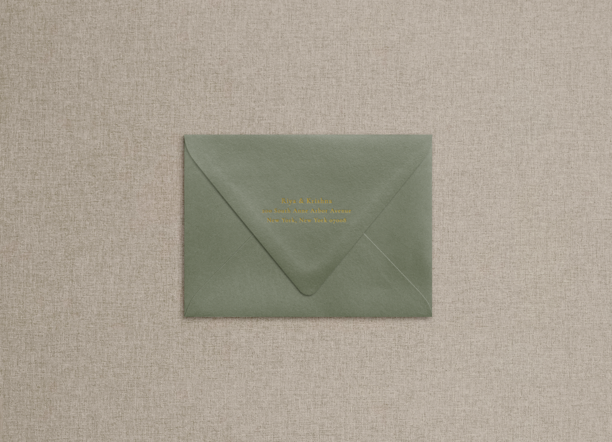 Foil printed return address on olive green envelope in the style of "a very english garden" suite