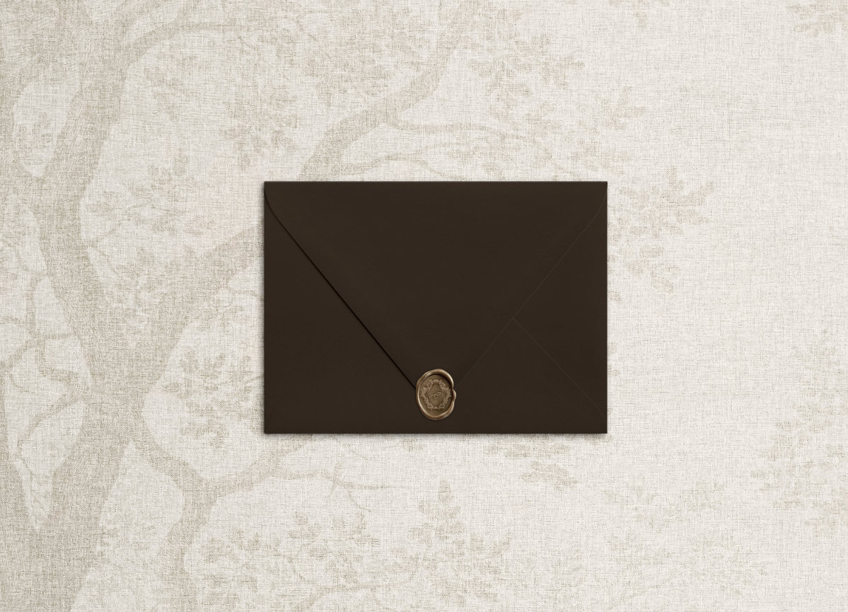 Wax seal on chocolate  brown envelope in the style of "the Huntley" suite