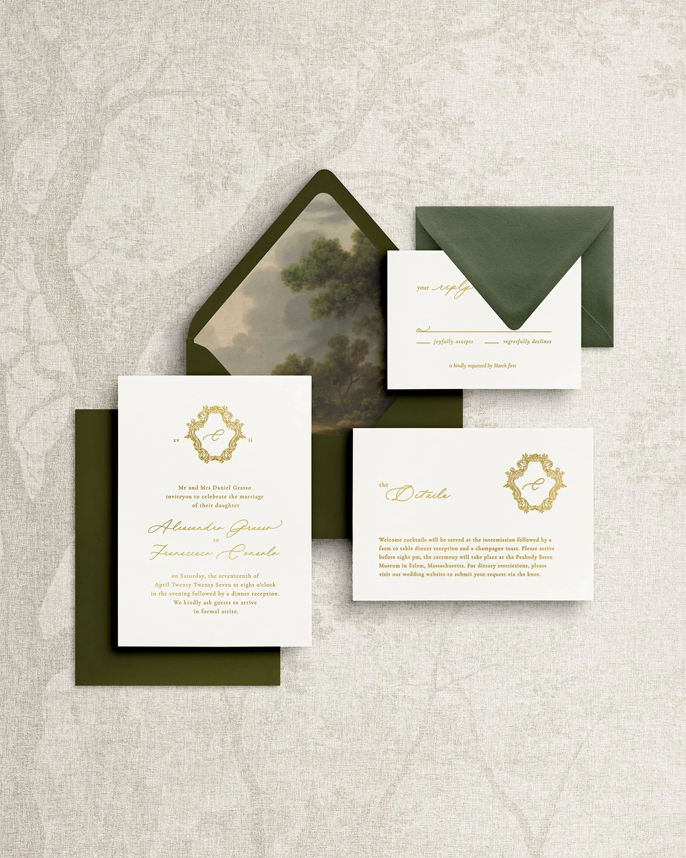 Elegant and simple wedding invitation suite featuring gold foil calligraphy, sage green envelopes, and landscape-themed details.