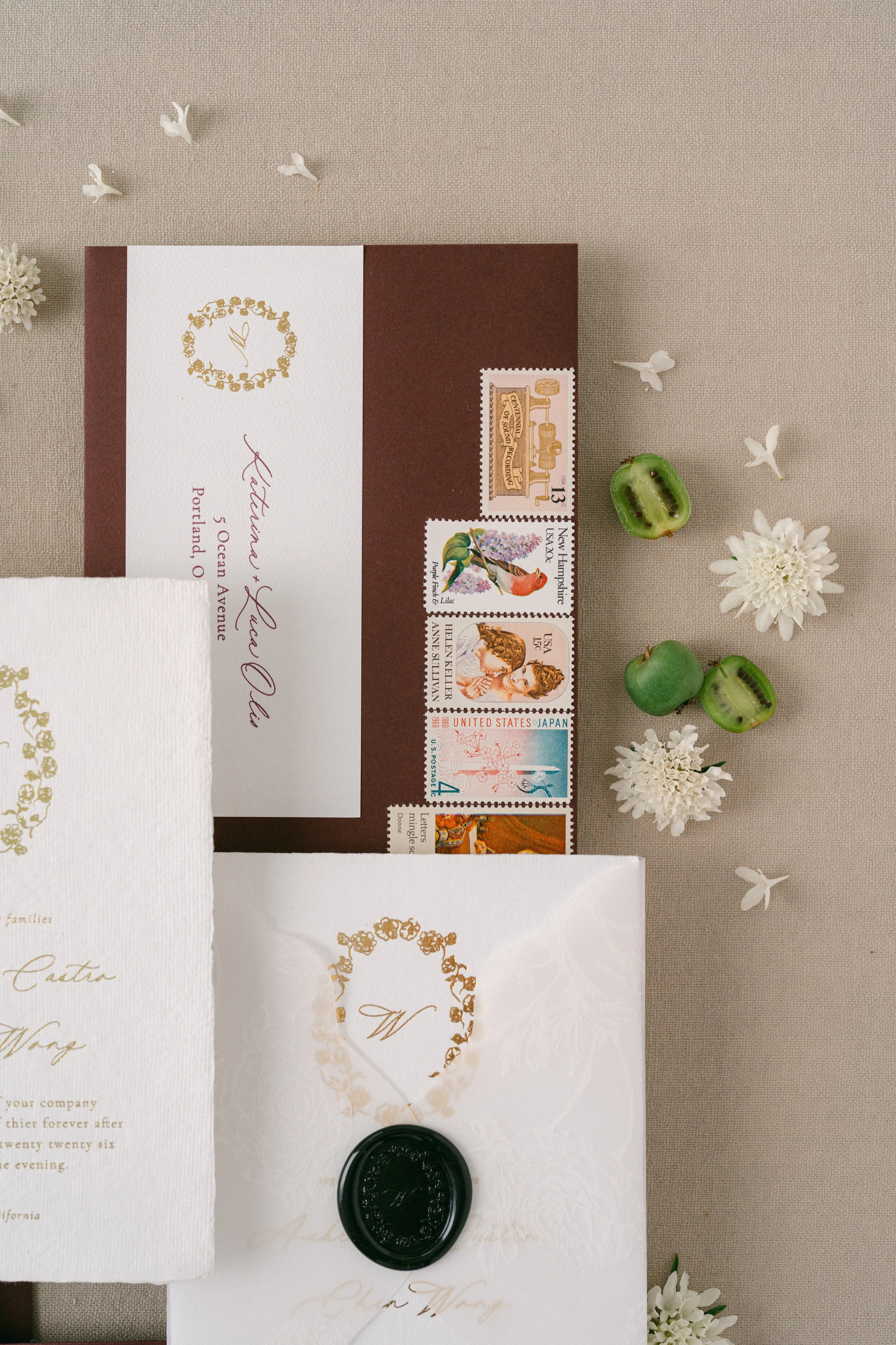 Close up flatlay shot of floral crest envelope