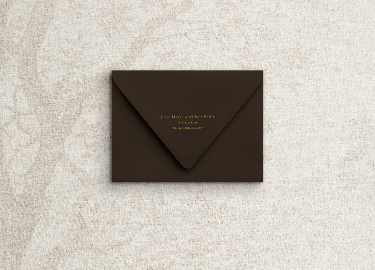 Foil printed return address on chocolate  brown envelope in the style of "sienna and sage" suite