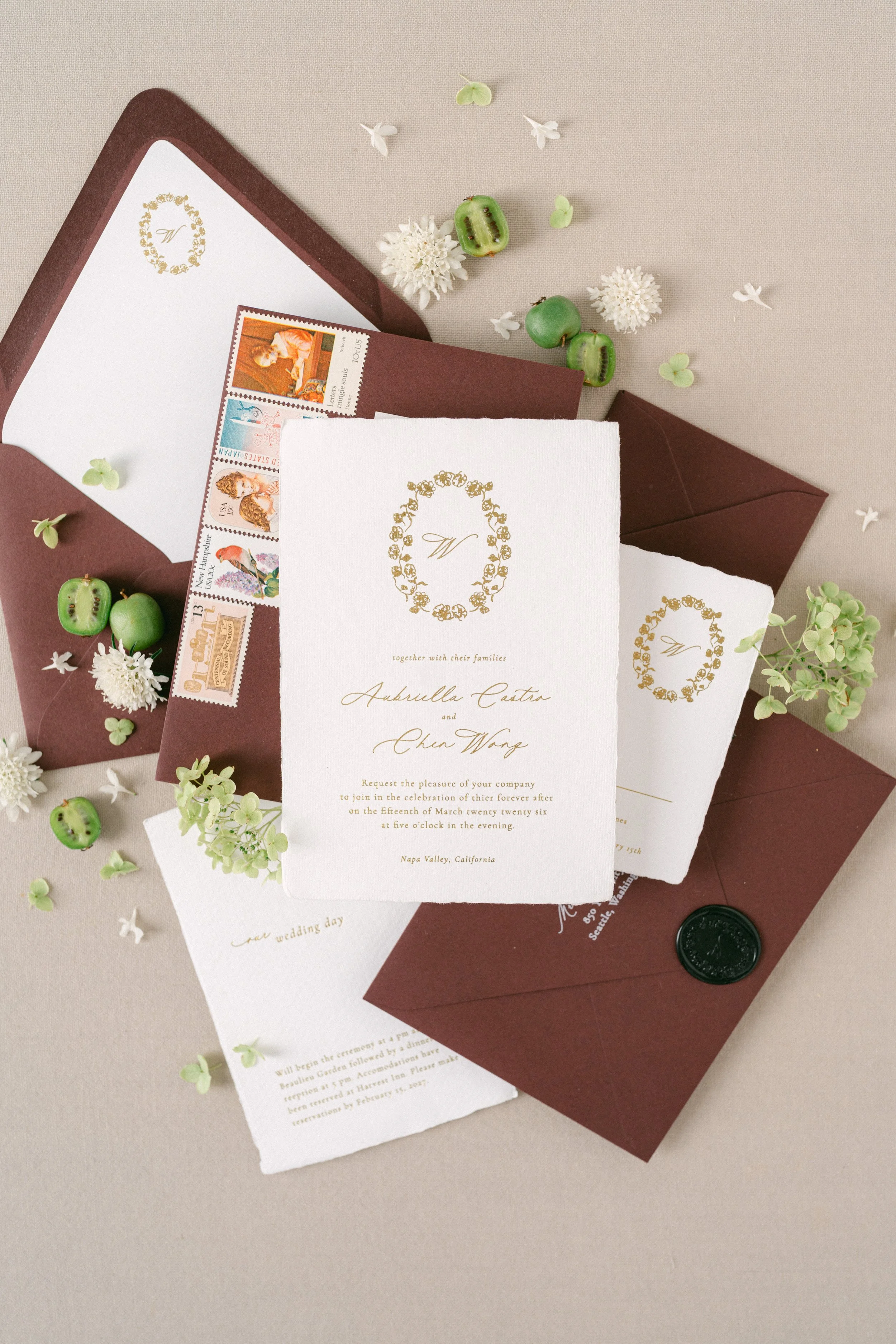 handmade wedding invitation flat lay shot