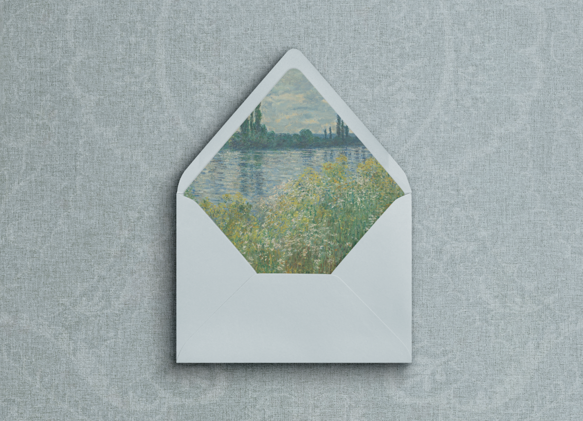 Blue A7 euro flap envelope with watery scenic liner on blue background.