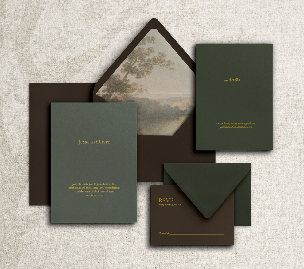 Signature Sienna and Sage wedding invitation set featuring gold foil typography on sage green paper, chocolate brown envelopes with a landscape liner, and forest green detail cards.