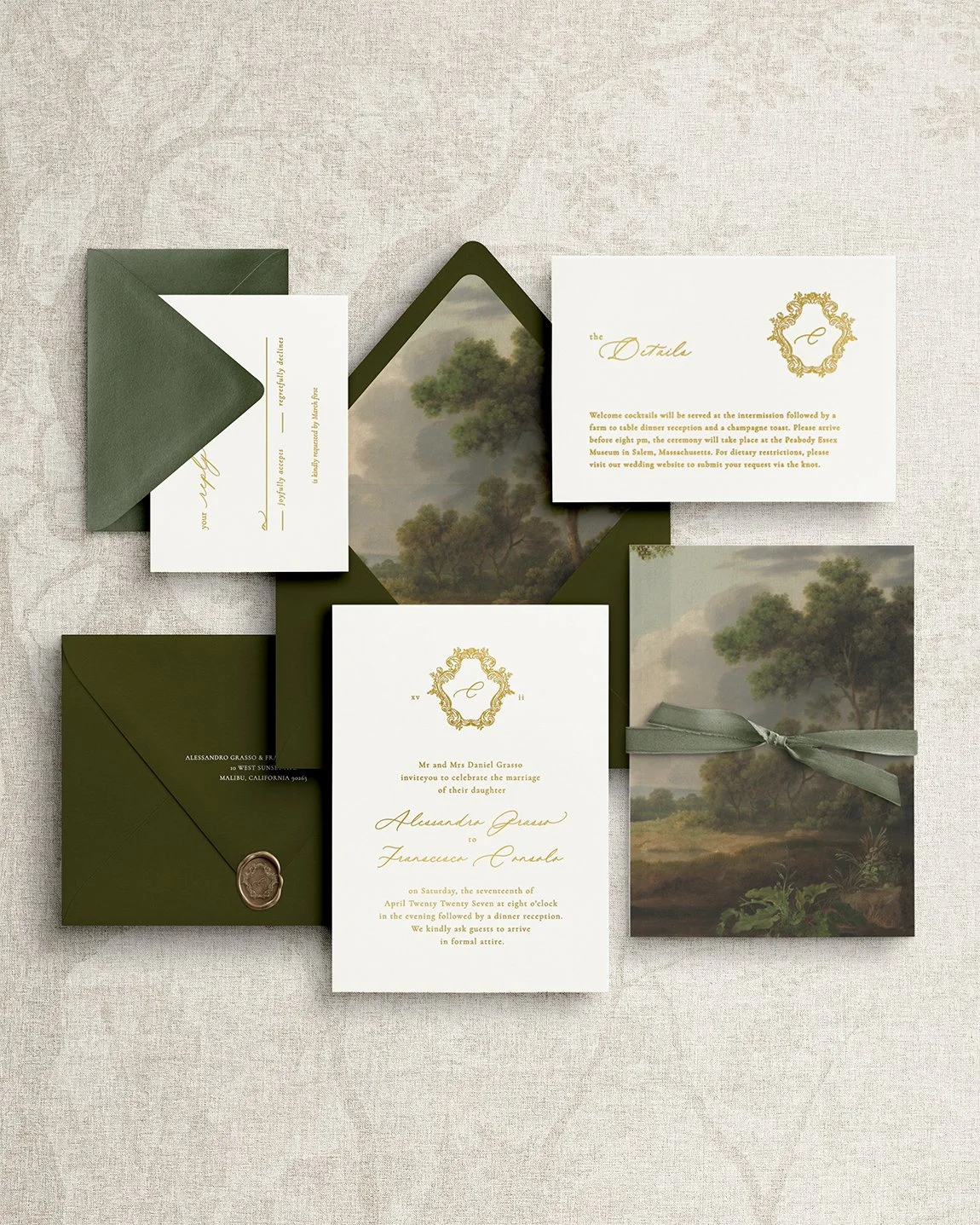 Elegant and simple wedding invitation suite featuring gold foil calligraphy, sage green envelopes, and landscape-themed details with silk ribbon and gold wax seal.