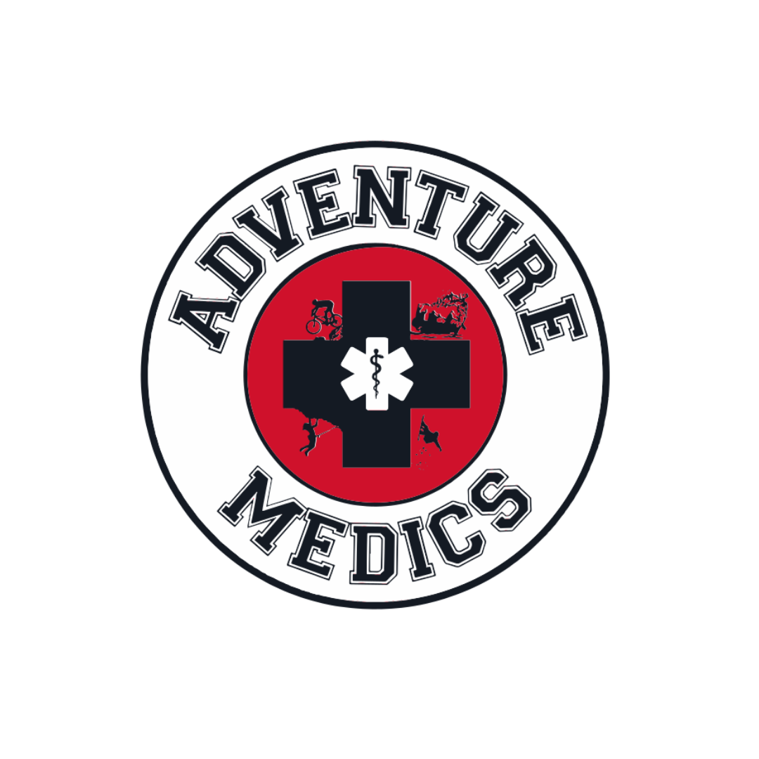 Logo of AventurMedics with a black medical cross, a red background, and the words 'AventurMedics' in black inside a white circle.