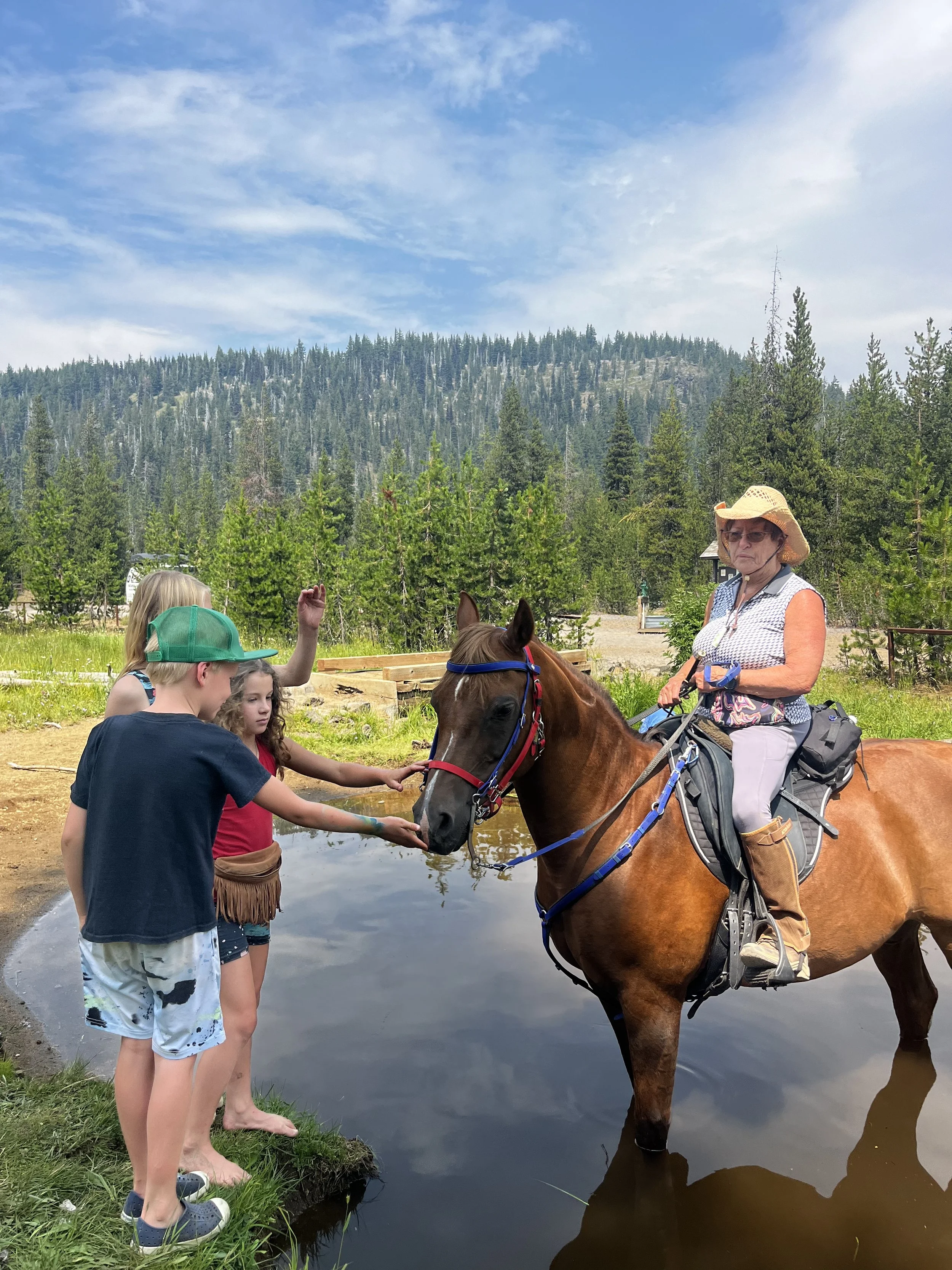 Children and an adult woman with a horse near a water body in a forested mountain area.