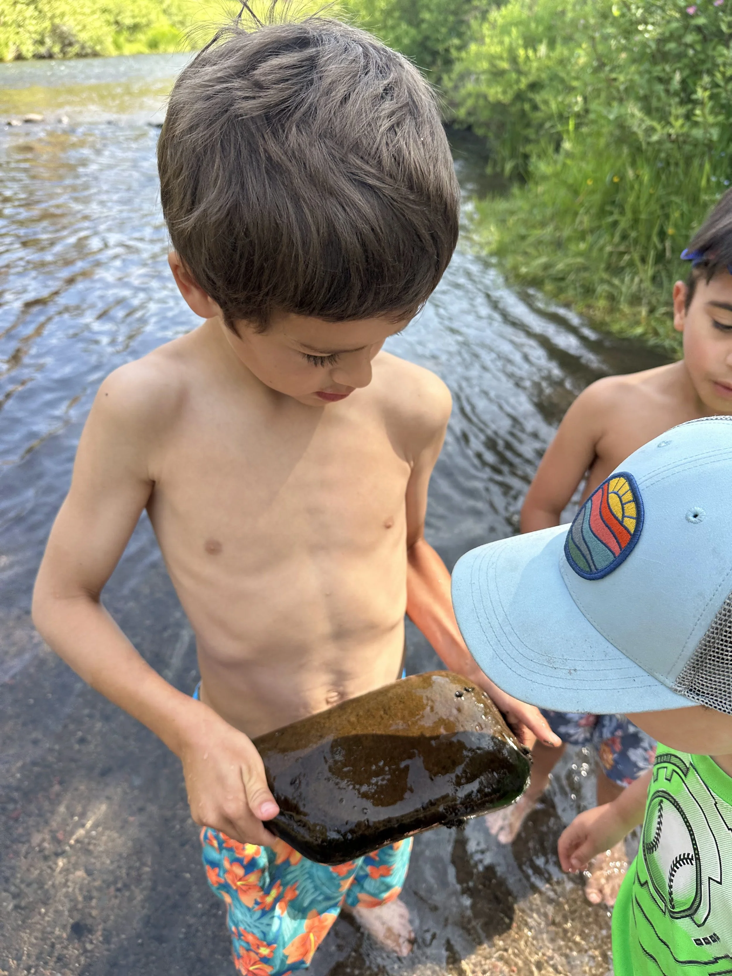 Three boys are standing by a river, with one boy holding a dark, smooth rock. They are wearing swim trunks, and the background is lush green with trees.