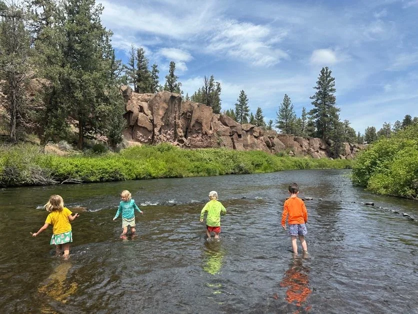 Four children wading in a river with tall trees and rocky cliffs in the background under a partly cloudy sky.