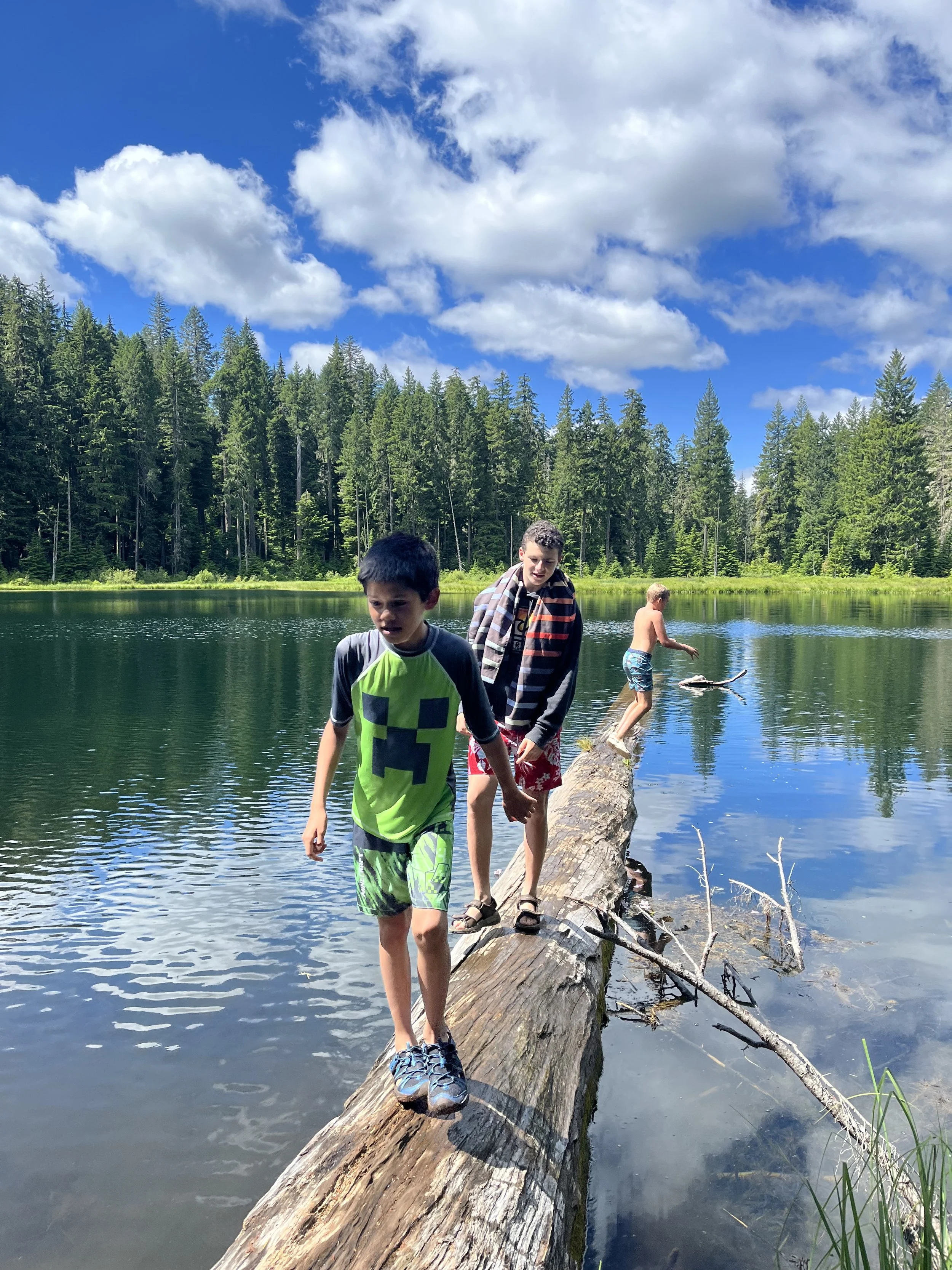 Three boys are balancing on a log across a lake, with a forest and blue sky with clouds in the background.