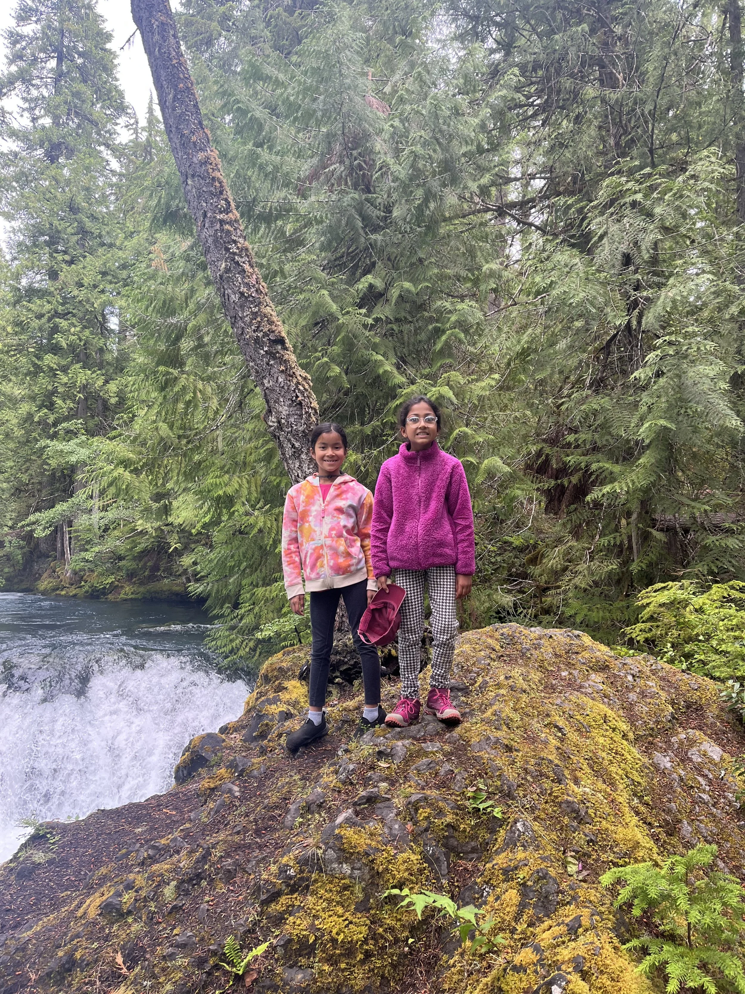 Two young girls standing on a moss-covered rock in a forest near a small waterfall, surrounded by green trees.
