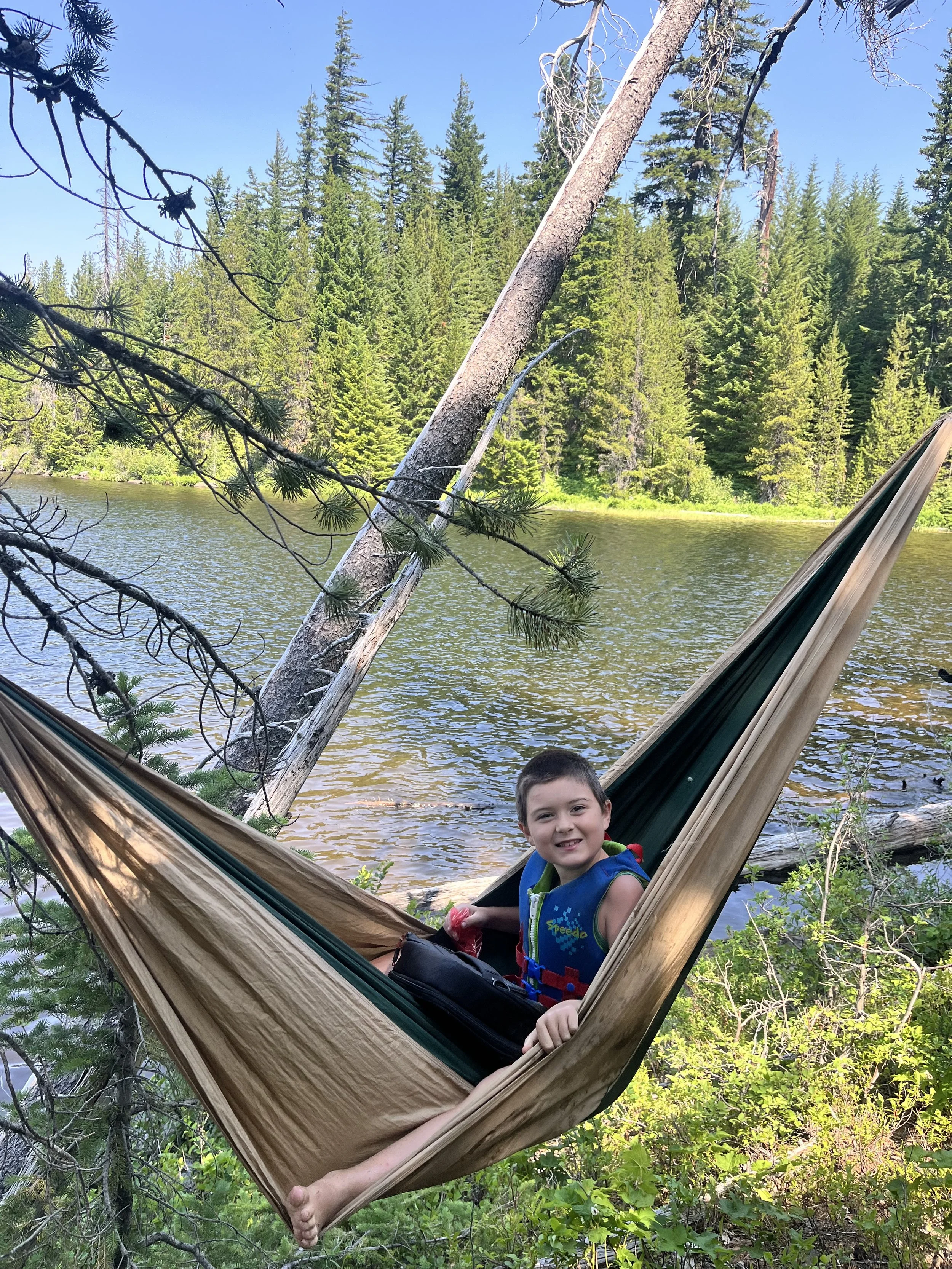 A young boy lying in a hammock tied between trees by a lake, surrounded by a lush forest of evergreen trees under a blue sky.
