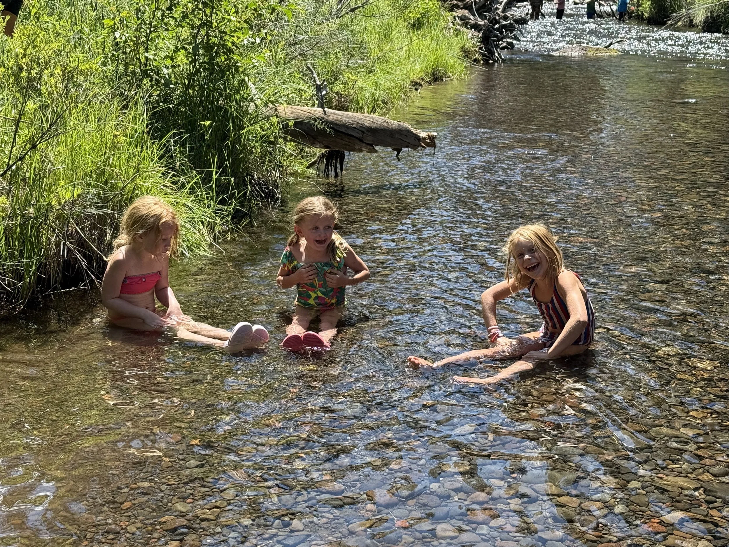 Three young girls playing and laughing in a shallow rocky river during daytime, surrounded by green grass and trees.