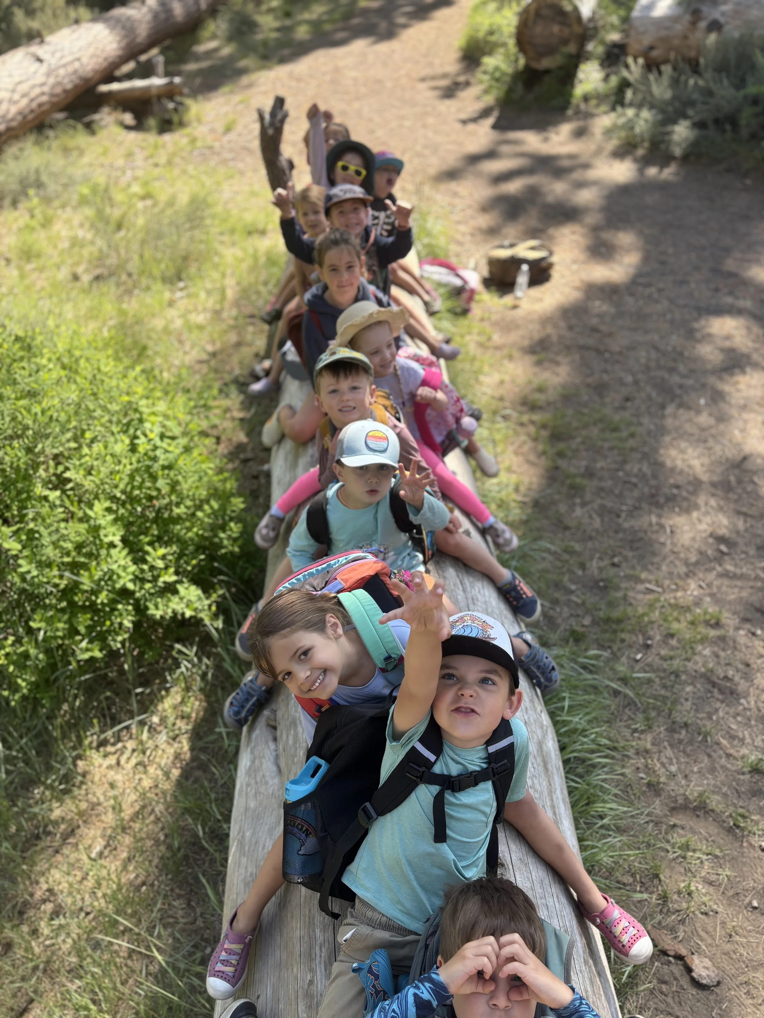 A group of children sitting on a long wooden log in an outdoor forest setting, posing playfully for the camera with some making peace signs and other silly faces.