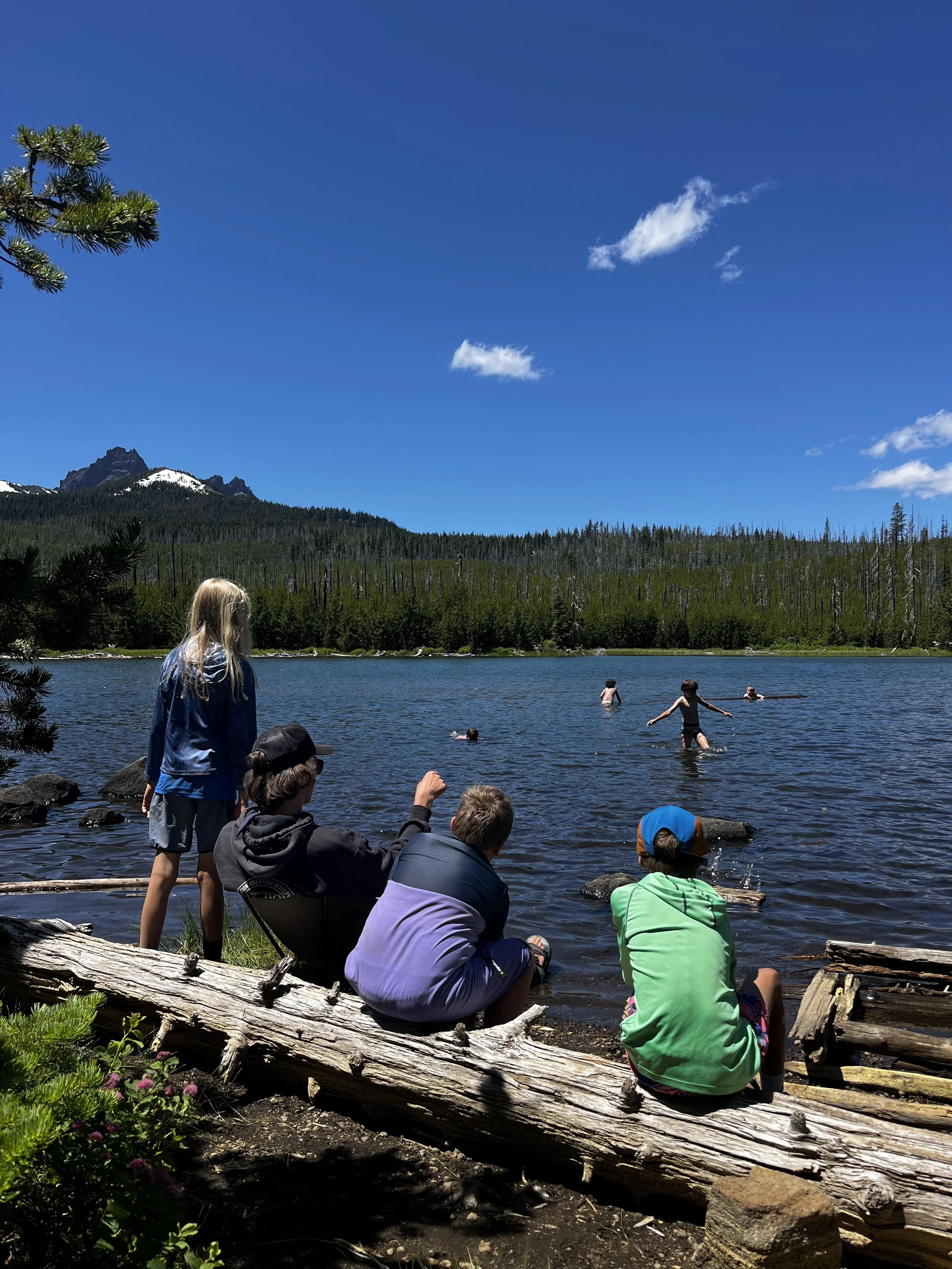 Children and teenagers sitting and standing by a lake, swimming and playing in the water, with mountains and green forest in the background under a blue sky with a few clouds.
