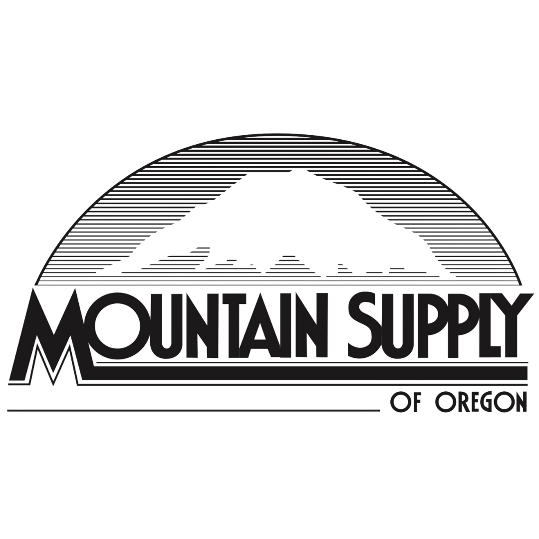 Black and white logo for Mountain Supply of Oregon featuring a mountain and a sun or moon with the company name.