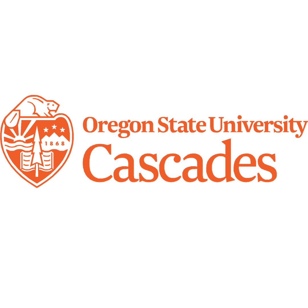 Oregon State University Cascades logo with an orange crest featuring a bear, a mountain, and water, and the words "Oregon State University Cascades" in orange text.