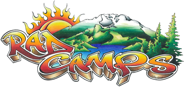 Graphic of a sunset over mountains, a lake, and pine trees with the text 'Rage Camps' in graffiti style.