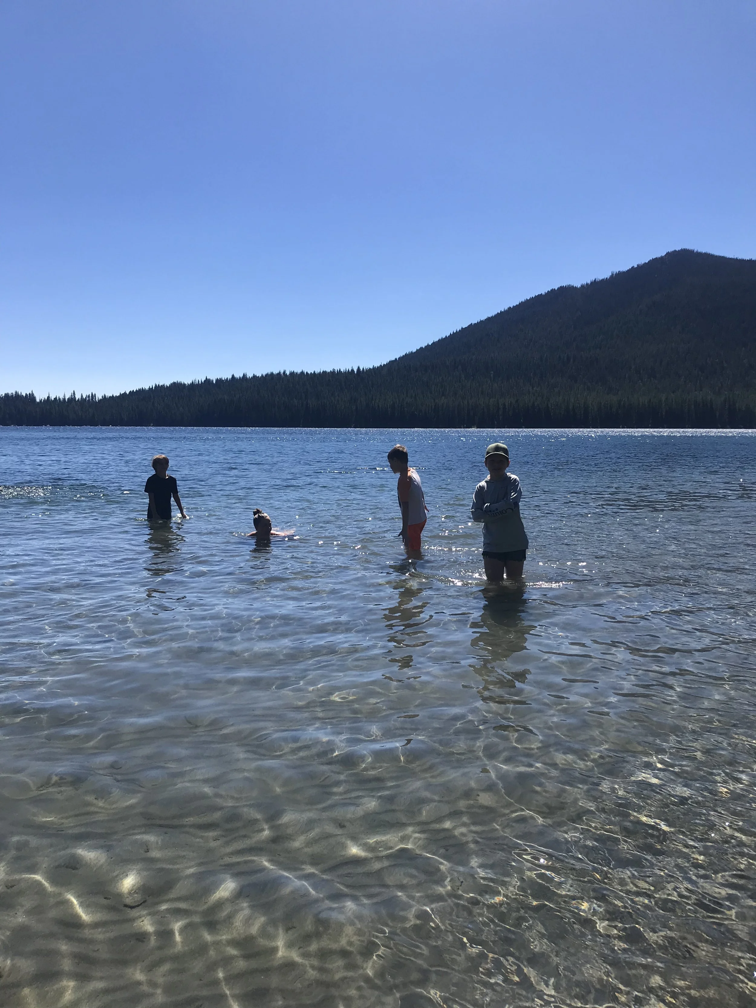 Four children playing in shallow lake water with mountains in the background under a clear blue sky.