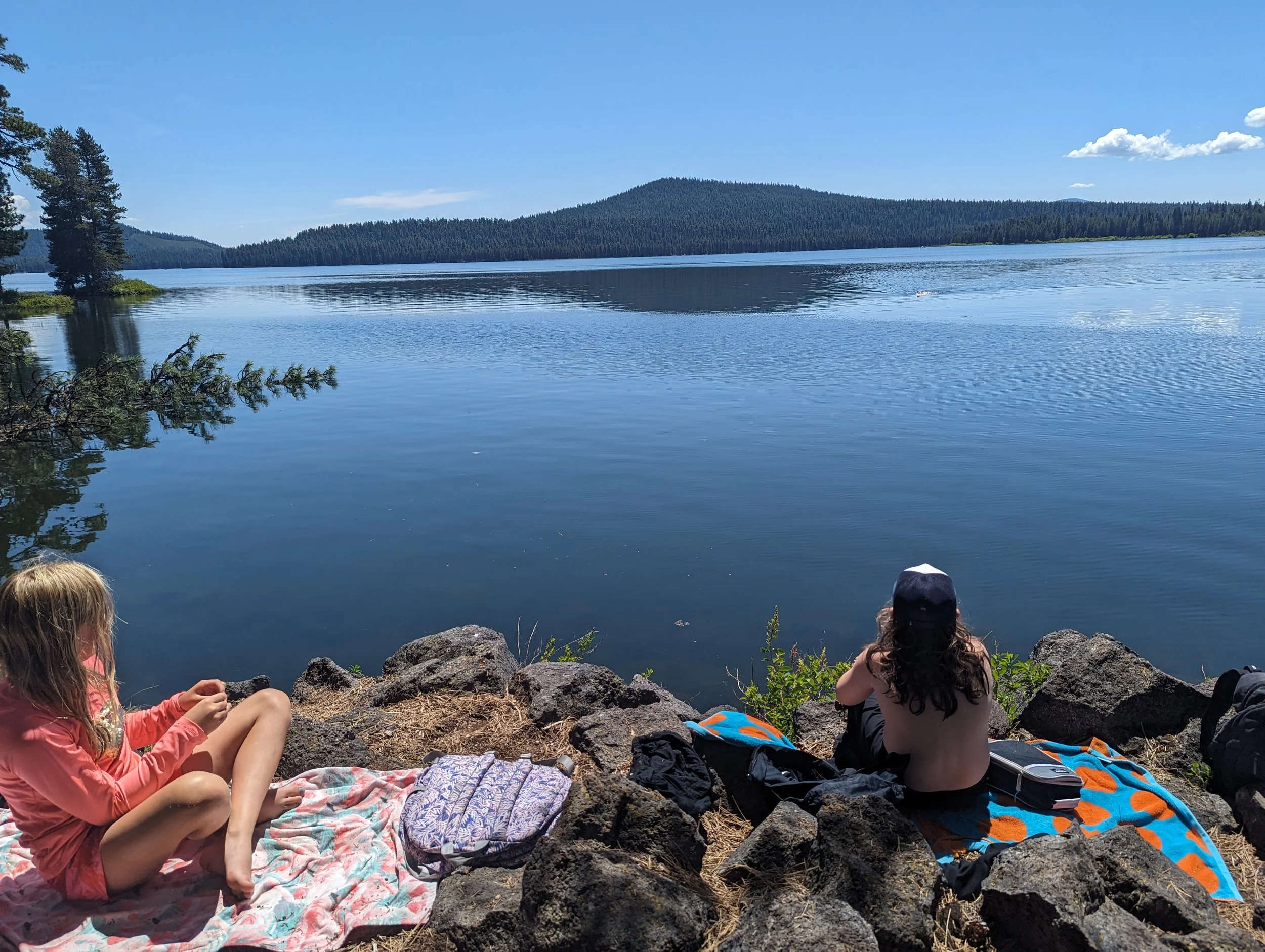 Two children sitting on rocks by a lake, with trees and mountains in the background in a sunny day.