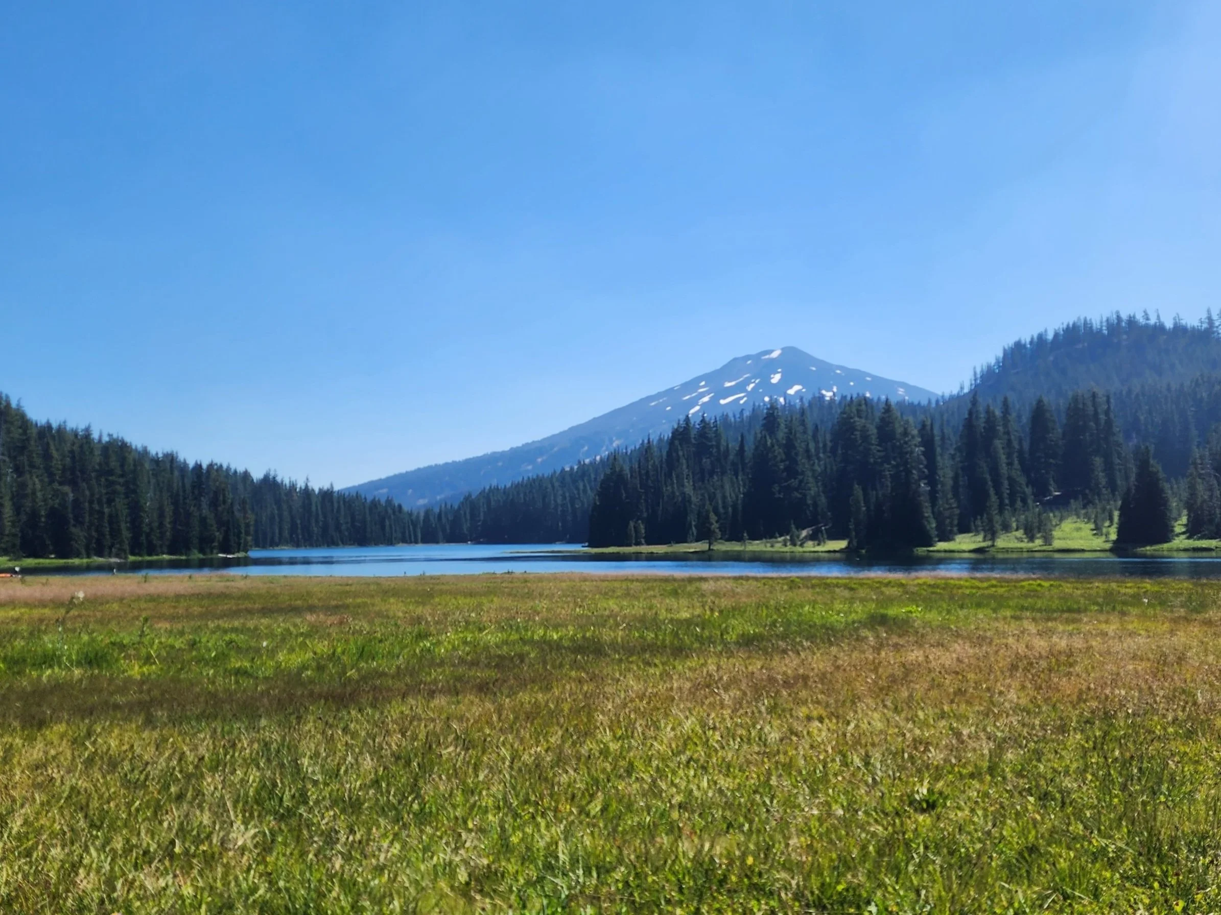 Scenic view of a mountain with patches of snow, surrounded by dense evergreen forests and a lake in the foreground under a clear blue sky.