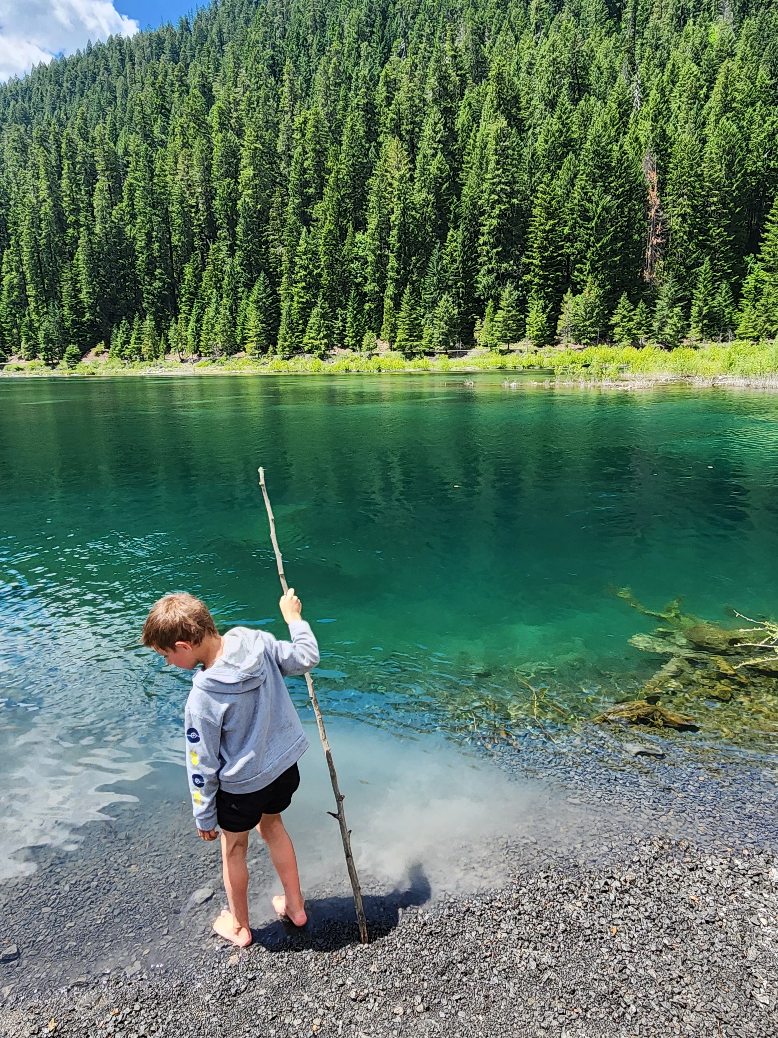 A young boy in a gray hoodie and black shorts stands barefoot on a pebble beach near a calm, greenish lake, holding a long stick, with a lush, forested mountain in the background.