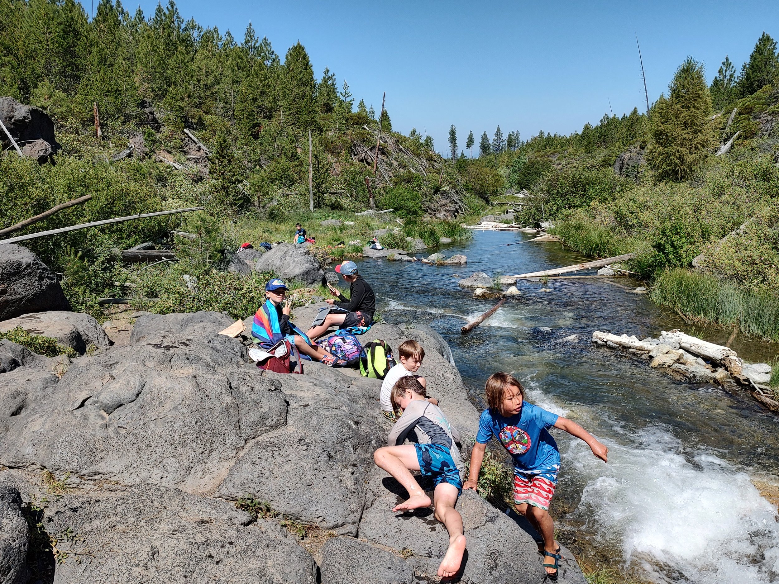Children playing by a river in a forested area with rocks and fallen logs, some sitting on rocks and others entering the water during daytime.