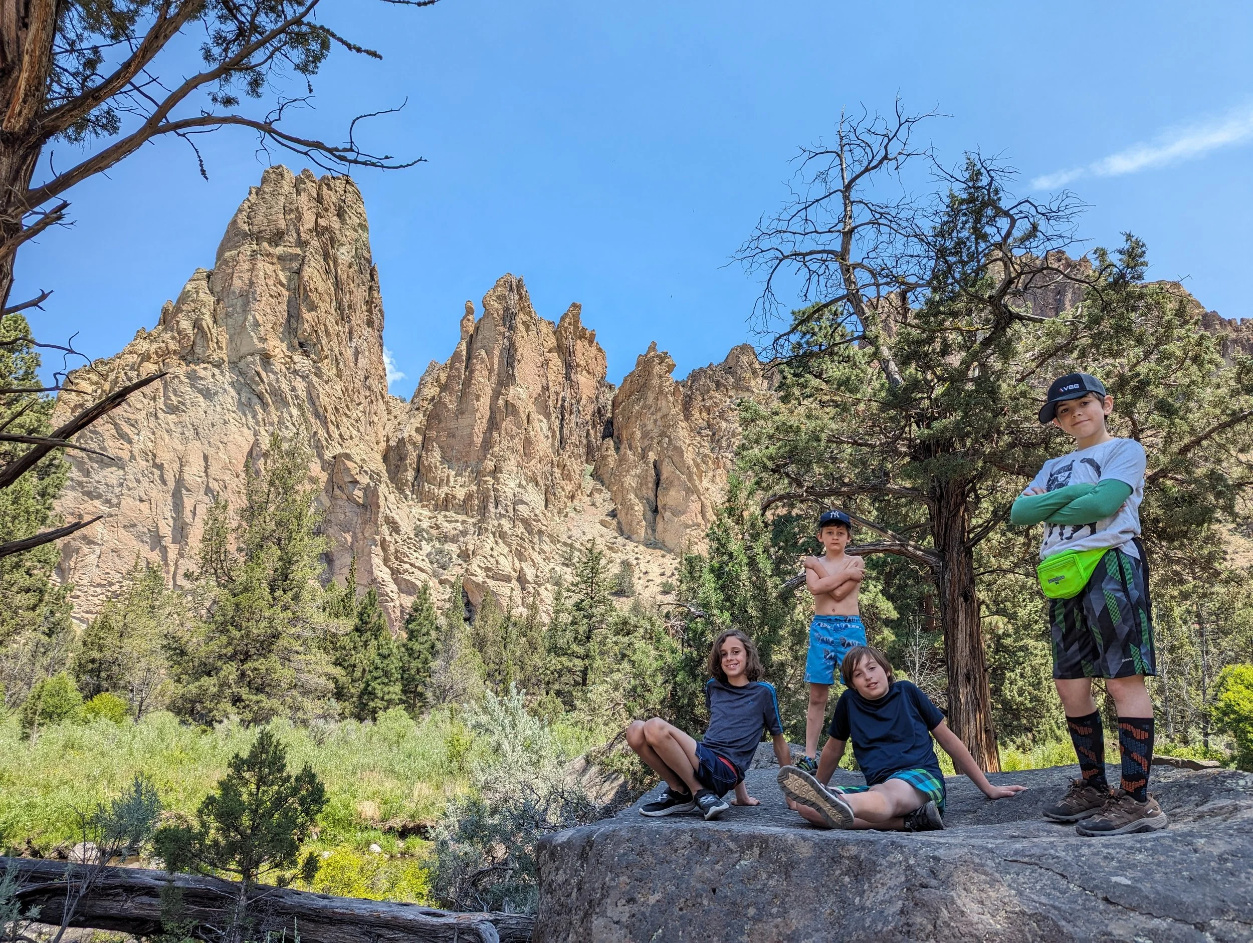 Four children in casual clothing on a large rock in a forested area with rocky mountains behind them, under a clear blue sky.