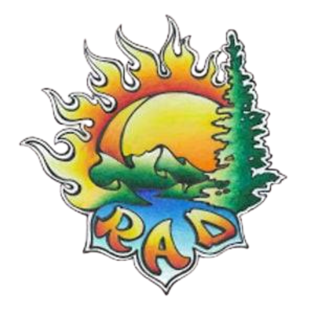 Colorful sticker featuring a sun, mountain, trees, and water with the word RAD at the bottom.